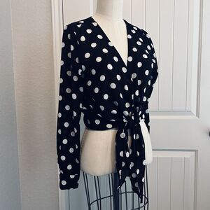 Popsugar Small Polka Dot Tie-Front Shirt Button-Down Top Blouse‎ Black White